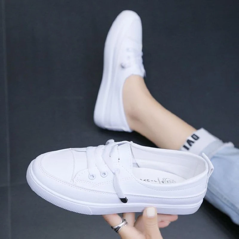 Ladies White Shoes Women Sneakers Female Pu Leather Walking Sneakers Woman Loafers White Flat Slip on Vulcanize Casual Shoes