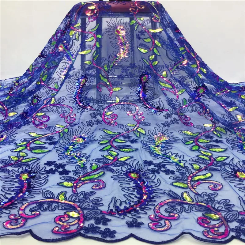 

Royal Blue French Lace Fabric With Sequins African Lace Fabric Embroidery Flower Milk Silk Laces For Wedding Dress