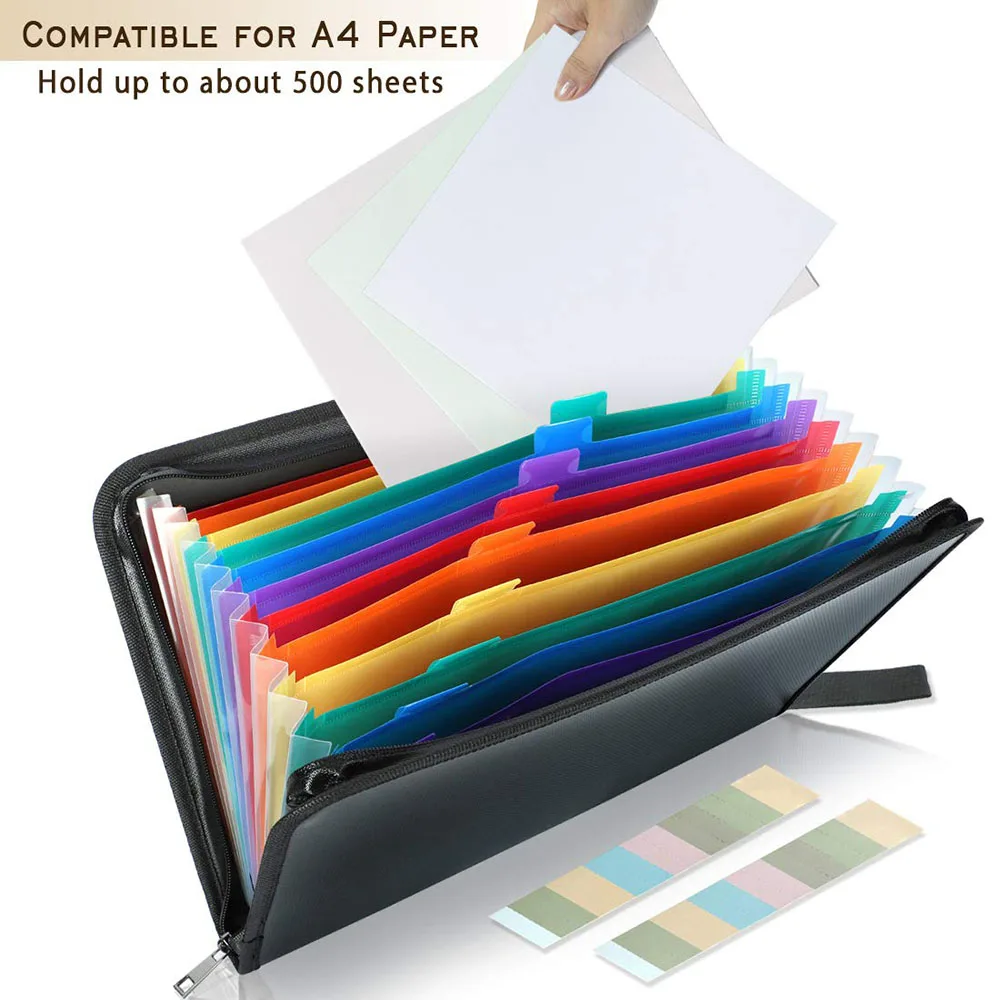 Expanding File Folder A4 Fireproof Waterproof Document Organizer Bag Portable Folder Accordion File with 12 Multicolor Pockets