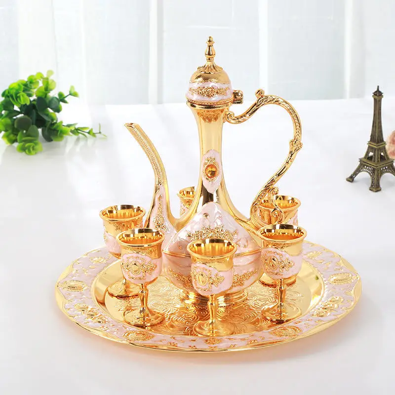 

Creative home flagon small glass trumpet European flat wine wedding European metal flagon set ornaments