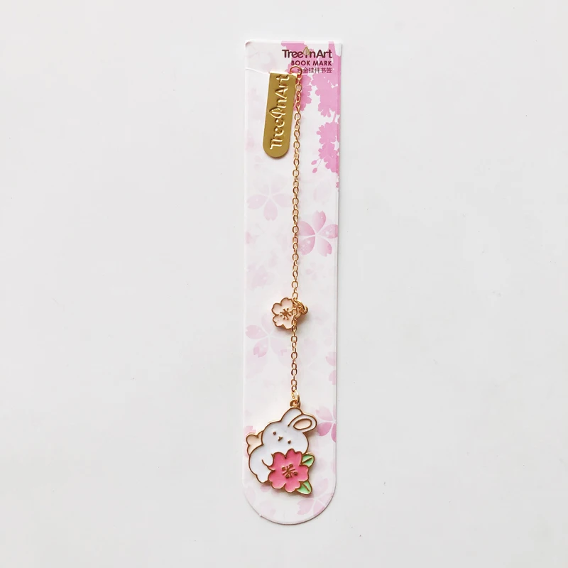 Marcapáginas de cadena colgante de aleación de conejo Sakura romántico, marcador de página, suministro de oficina escolar, 1 unidad