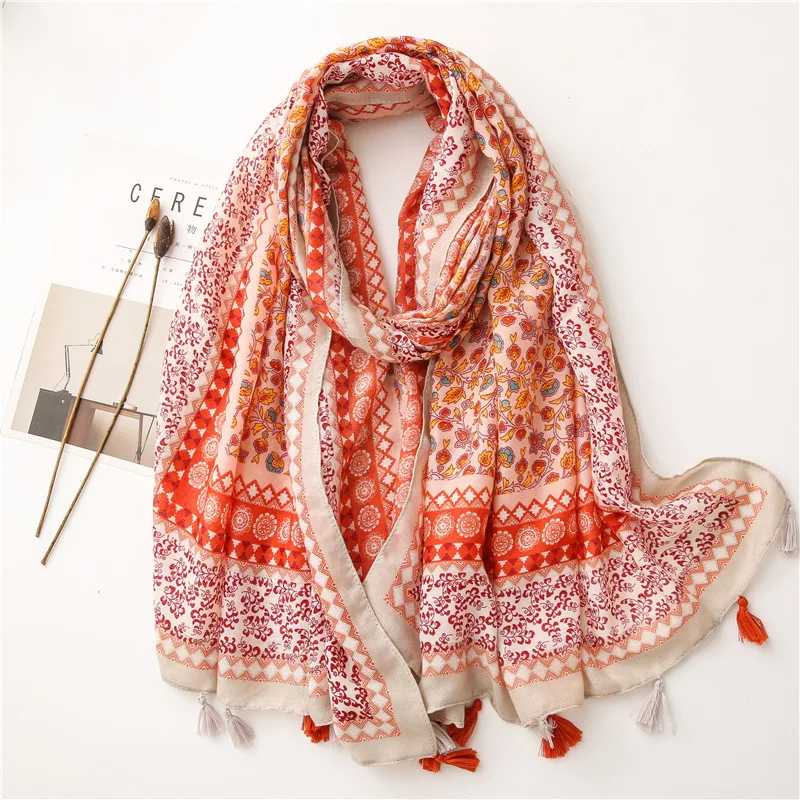 Women Fashion Bohemian Floral Tassel Viscose Shawl From Indian Print Wrap Pashmina Stole Bufandas Muslim Hijab Snood 180*90Cm