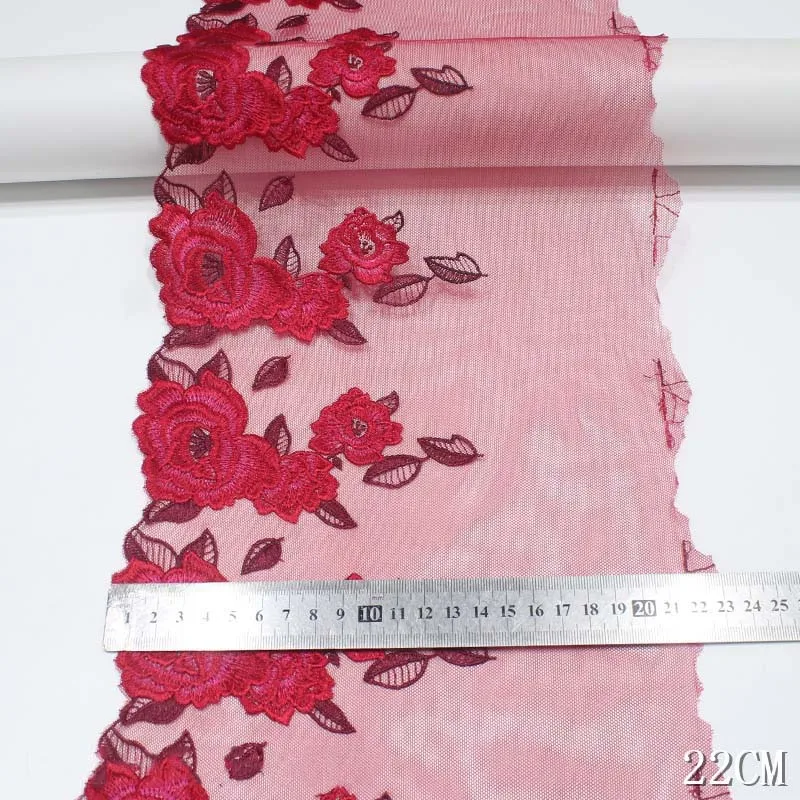 40Yds Embroidered Mesh Tulle Fabric Embroidery High Quality Dark Red Rose Flower Lace Trim For Garments Doll Wedding Decoration