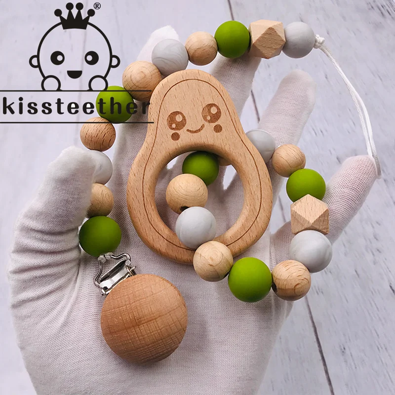 Kissteether Avocado Wooden Rodent Baby Teether Bracelet Silicone Beads Beech Accessories Toys Shower Gift Wood Rattles Nurse