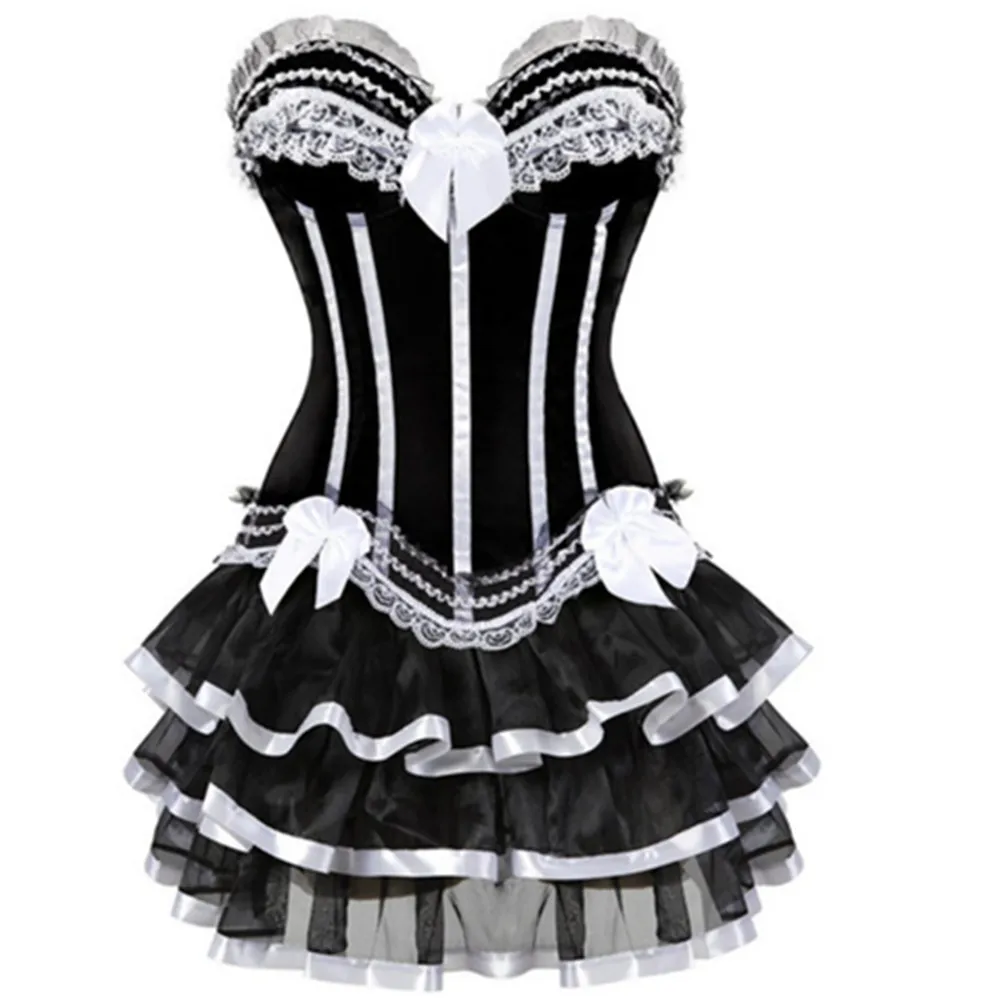 مثير الكورسيهات للنساء حجم كبير زي مخطط كورسيه فوقي للنساء وتنورة مجموعة توتو المشدية فستان راقصة سخرية #6