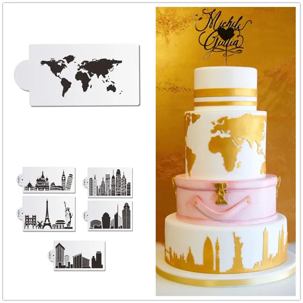 World Map & Landmark Building Cake Stencil Newest Cake Design Stencil Fondant Molds Art Stencil Cake Decorating Tool Bakeware