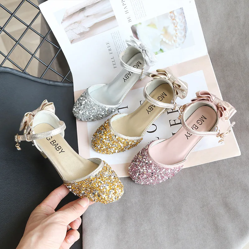 Girls Sequin Shoes Princess Gold Pink Silver Kids 2023 New Summer Glitter Holiday Shoes Wedding Birthday Party Formal B859