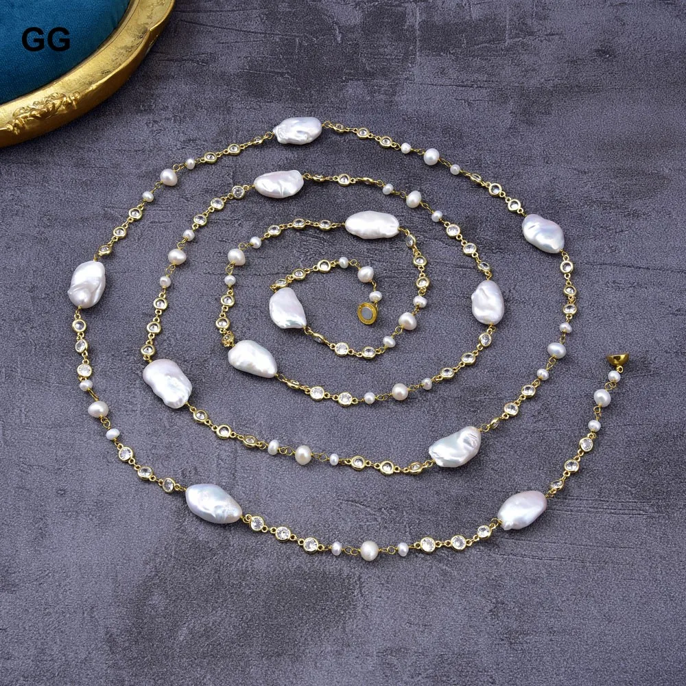 GuaiGuai Jewelry 65\'\' Natural White Keshi Pearl Crystal Gold Color Plated CZ Chain Long Necklace For Women