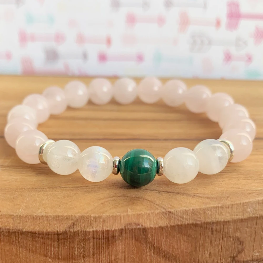 MG1292-1 Natural AAA Grade Malachite Wrist Mala Bracelet Womens Snow Quartz Light Rose Quartz Energy Bracelet Mother`s Day Gift