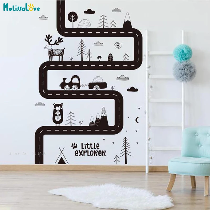 Large Scandinavian Adventure Little Explore Wall Decals Bear Forest Nature Sticker Cartoon Vinyl Kids Room Decor Murals YT4926