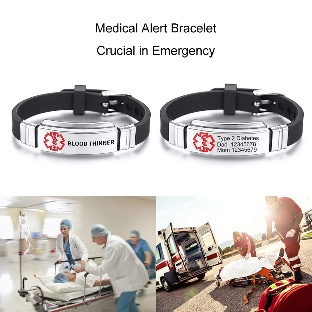 Medical Alert ID Bracelets for Men Women Adjustable Black Silicone Stainless Steel Jewelry Message Reminder PACEMAKER COUMADIN