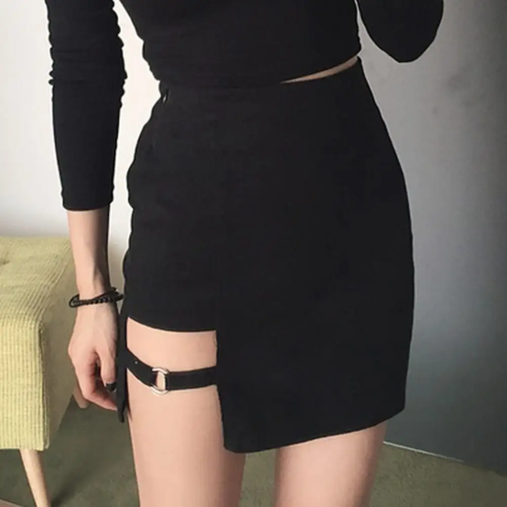 Gothic Harajuku Personality Skirts Women with Metal Ring Strap Black High Waist Bodycon Skirt Summer Punk Mini Skirt Ladies 2021