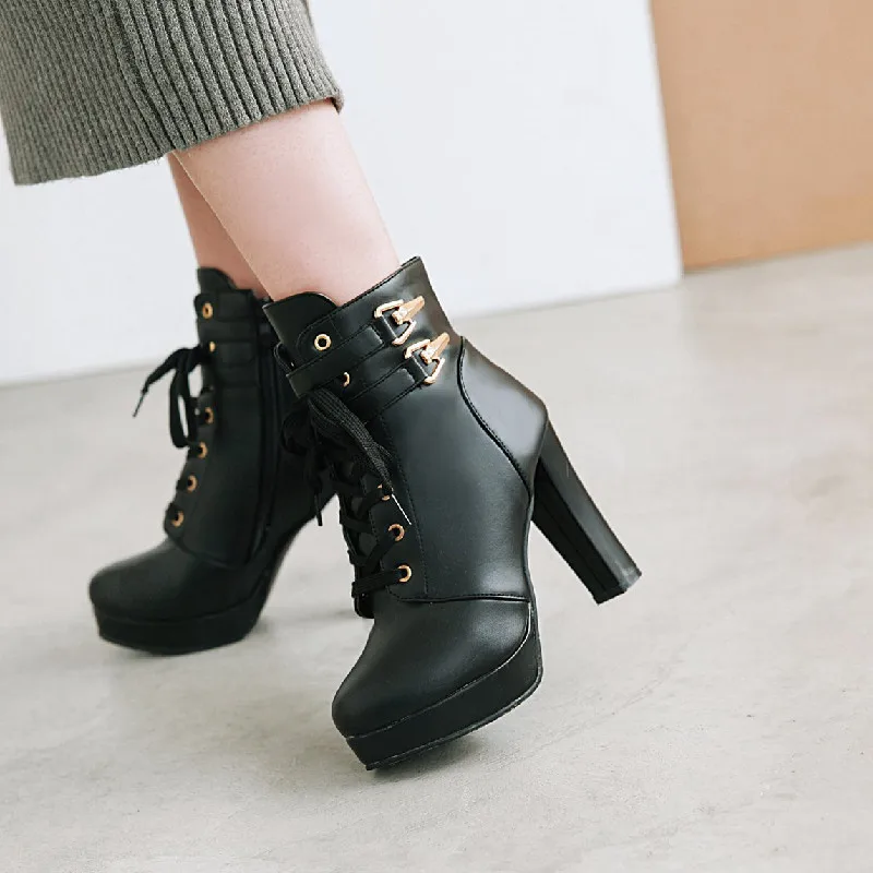 2021 White Black PU Leather Ankle Boots Women Autumn Winter Round Toe Lace Up Shoes Woman Fashion Motorcycle Platform Botas