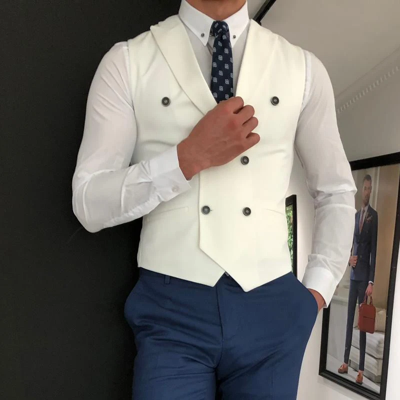 White Slim Fit Men Vest with Double Breasted One Piece Custom Male Suit Wasitcoat Peaked Lapel Wedding Gromsmen Waist Coat New