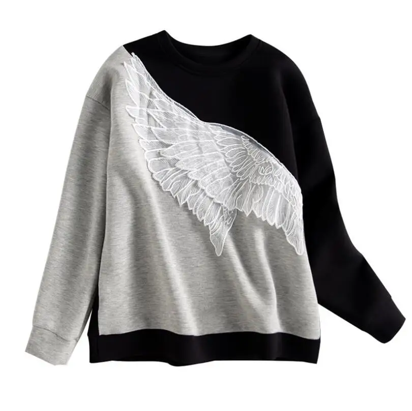 Embroidered Feather Color Matching Tops Autumn 2020 New Korean Style Sweet Pullover Long Sleeve Thin Sweashirt p1943