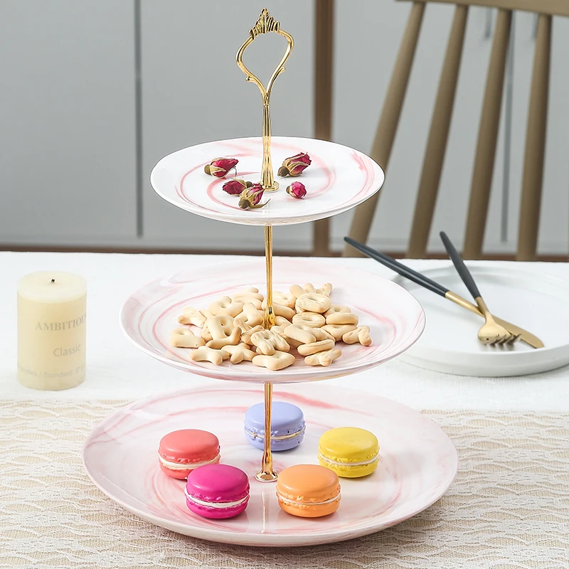 Creative European Marble Ceramic Bone China 3 Layers Cake Dessert Snack Sugar Fruit Pastry Plate Dish Tray Saucer