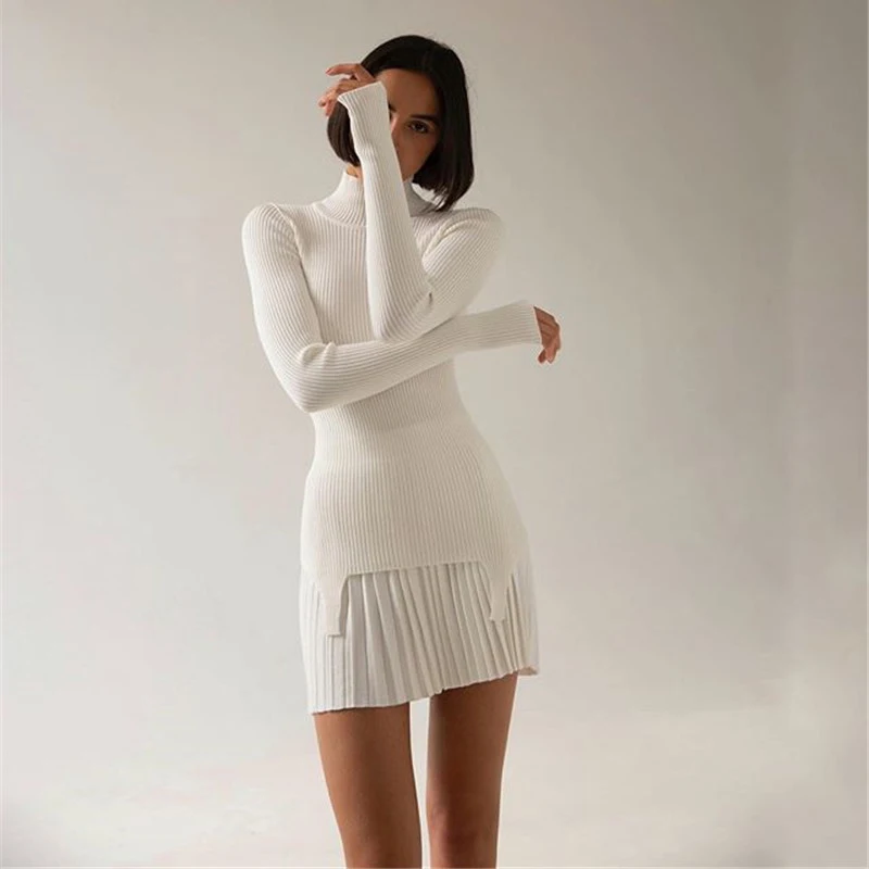 

Turtleneck Knitted white black Elegant Dress Sweater Women 2021 Long Sleeve Loose vestido de mujer Fashion Casual Sexy Dresses