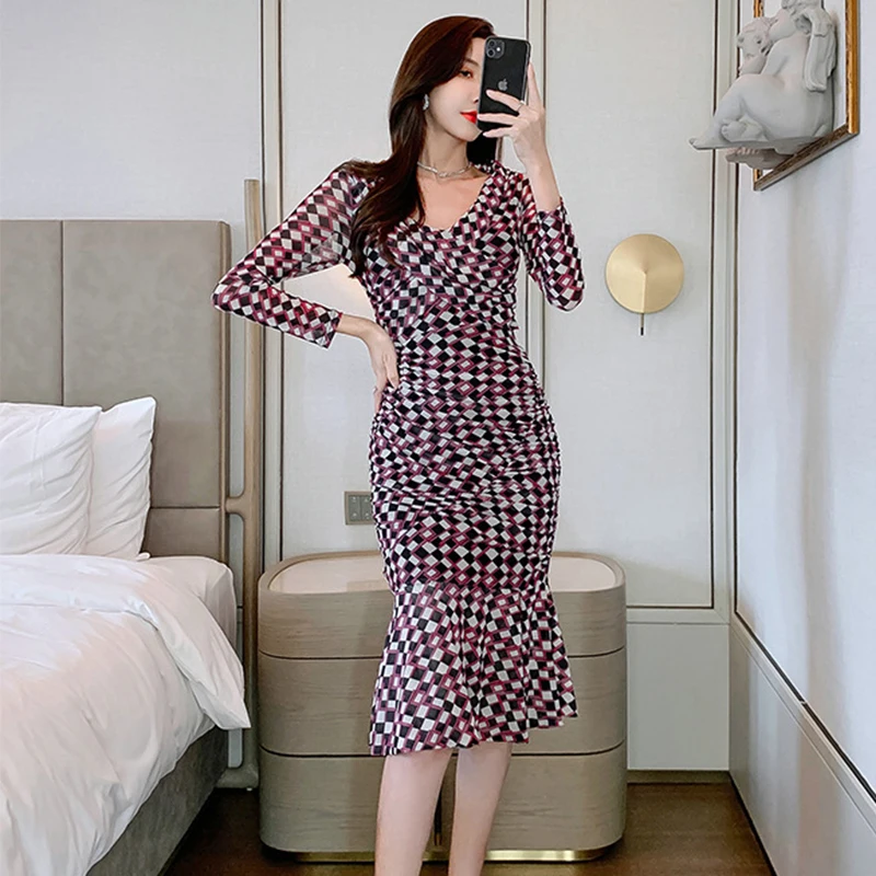 Fashion Women Vintage Sexy V-Neck Long Sleeve Mermaid Midi Party Club Dress Elegant Coffee Break Mesh Plaid Bodycon Female Dress