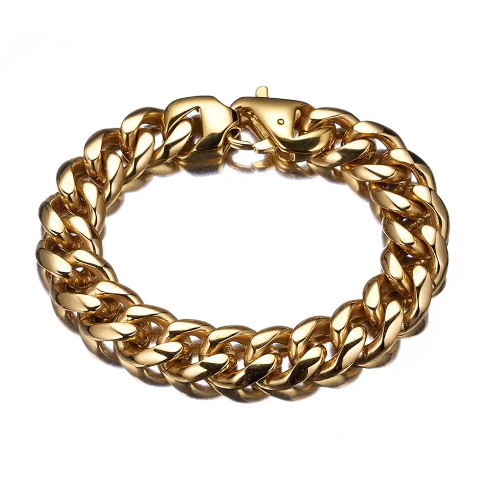 12/15mm Heavy Stainless Steel Gold Tone Cuban Curb Link Chain Mens Punk Jewelry Bracelet 7-11