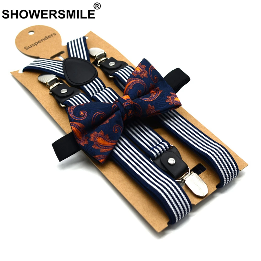 Mens Suspenders Bowtie Set Male Trouser Suspender Pants Navy White Striped British Vintage Wedding Shirt Braces for Men