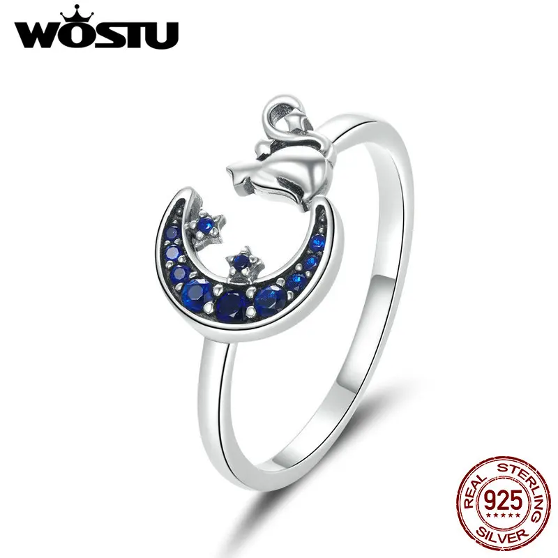 WOSTU Moon & Cat Open Ring 925 Sterling Silver Blue Zircon Adjustable Size Animal Ring For Women Fingers Trendy Jewelry CQR677