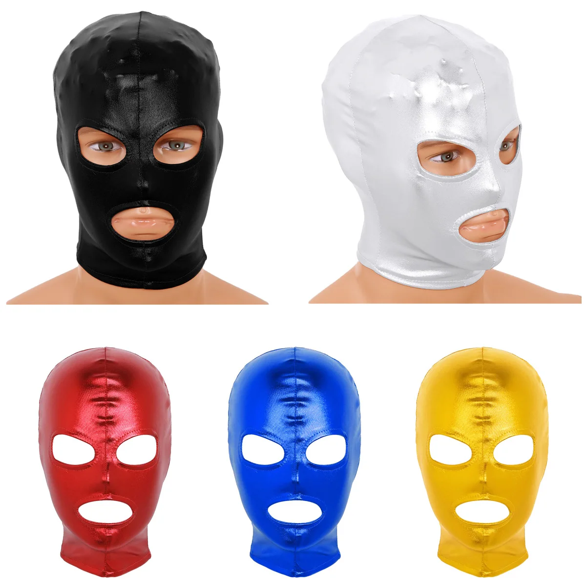 Unisex Heren Dames Latex Glanzende Metallic Open Ogen Mond Hoofddeksels Full Face Mask Capuchon Voor Rollenspel Kostuum