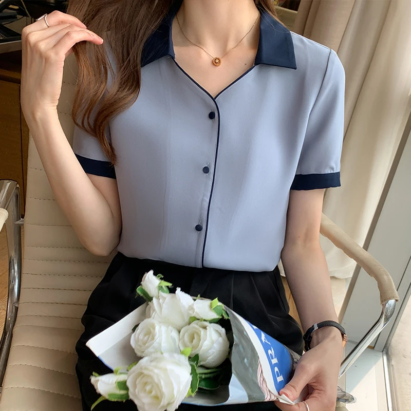 Blusas Blouses Top Femme Short Sleeve Chiffon Blouse Shirt Blouse Women Blusas Mujer De Moda 2024 Verano V-Neck Tops Women E841