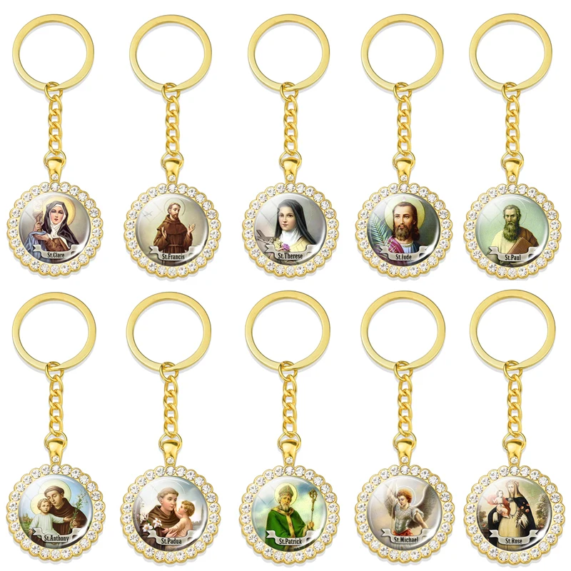 

1pc Son of God Jesus Keychain Christian Virgin Mary Glass Cabochon Jewelry Pendant Keyring St Michael Clare Religion Gifts