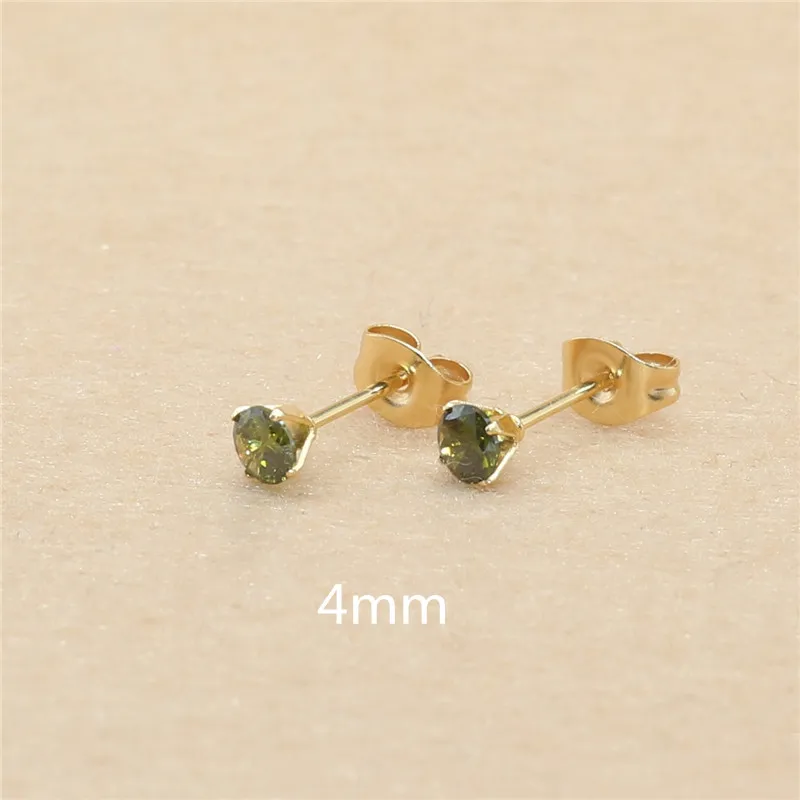 4mm 20 Colors For Choose AAA Zircons Stainless Steel Golden-color Stud Earrings No Fade Allergy Free