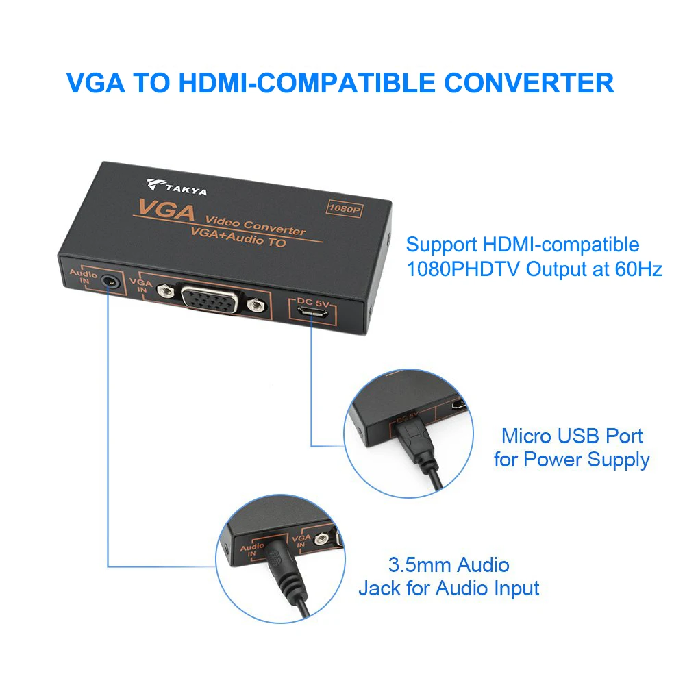 VGA to HDMI-compatible Converter Monitor/PS3/PS4/HDTV/Blue-ray DVD 3.5mm Audio Micro USB Power, HDMI-compatible Output Adapter