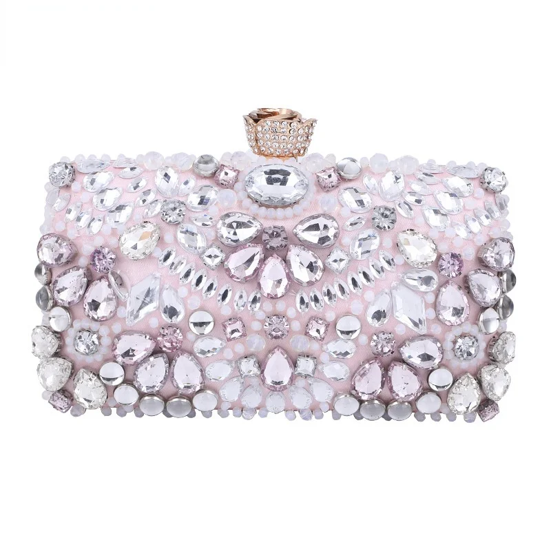 Beaded Diamonds Women Evening Bags Flower Metal Golden Clutch Chain Shoulder Handbags One Side Rhinestones Party Purse