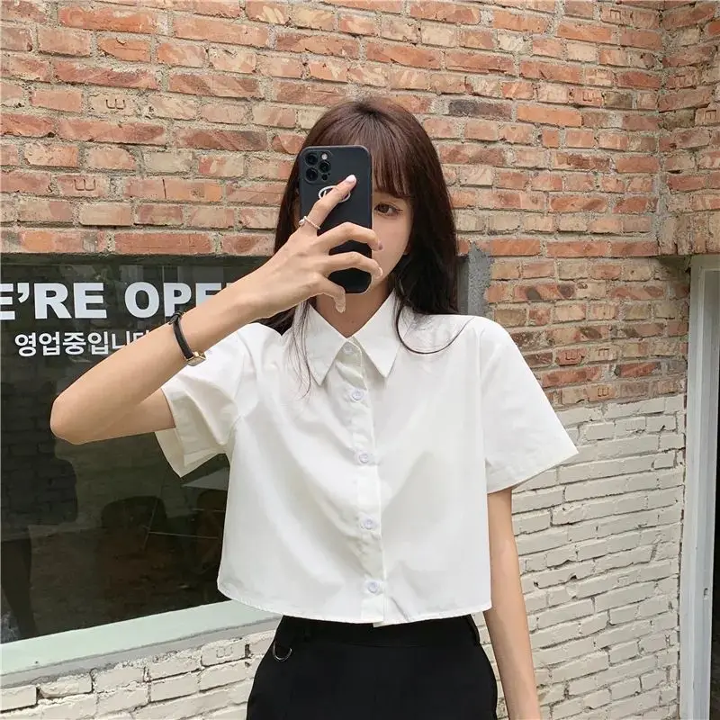 Shirts Women Turn Down Collar Preppy Style Summer Sweet Solid Casual Ins Student Female Simple All-match Streetwear Crops Tops