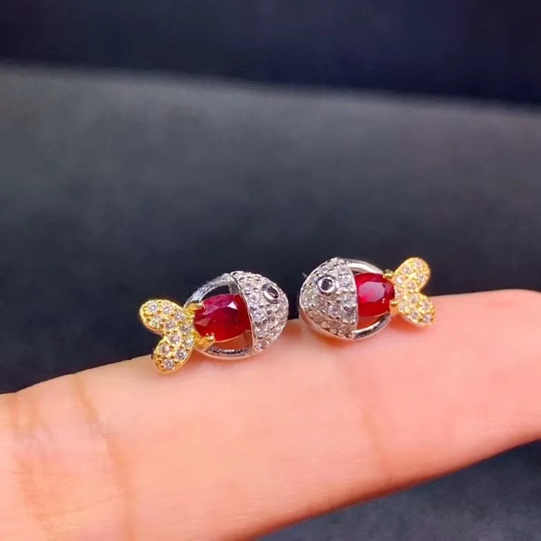 Women's 925 Silver Earrings Natural Pigeon Blood Ruby Earrings Two-color Plating Process Small Goldfish Design Small and Cute