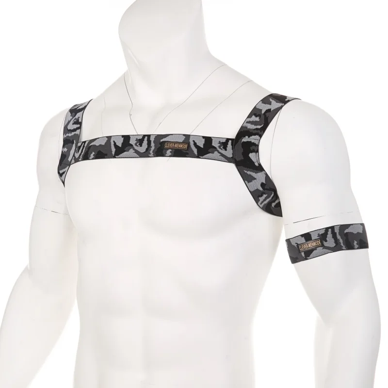 CLEVER-MENMODE Sexy Männer Elastische Körper Brust Harness Gürtel Schulter Riemen Bondage Dessous Mann Gold Camouflage Aushöhlen Kostüm