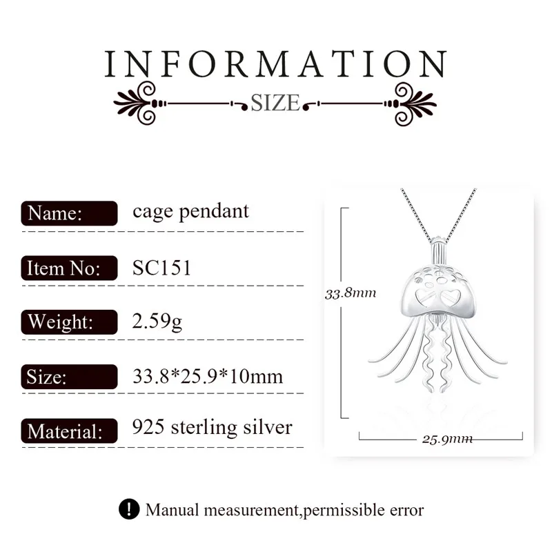 CLUCI Silver 925 Pearl Cage Pendant Cute Jellyfish  Pendant for Women Jewelry 925 Sterling Silver Pendant Pearl Locket SC151SB