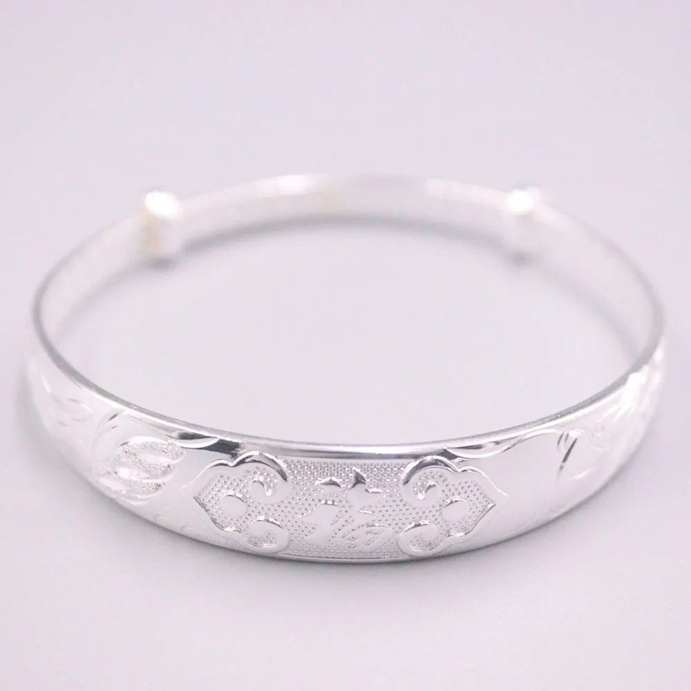 Fine Pure S999 Sterling Silver Bangle Women 12mmW Fu Ruyi Figure  Bracelet 55-64mm 29-30g