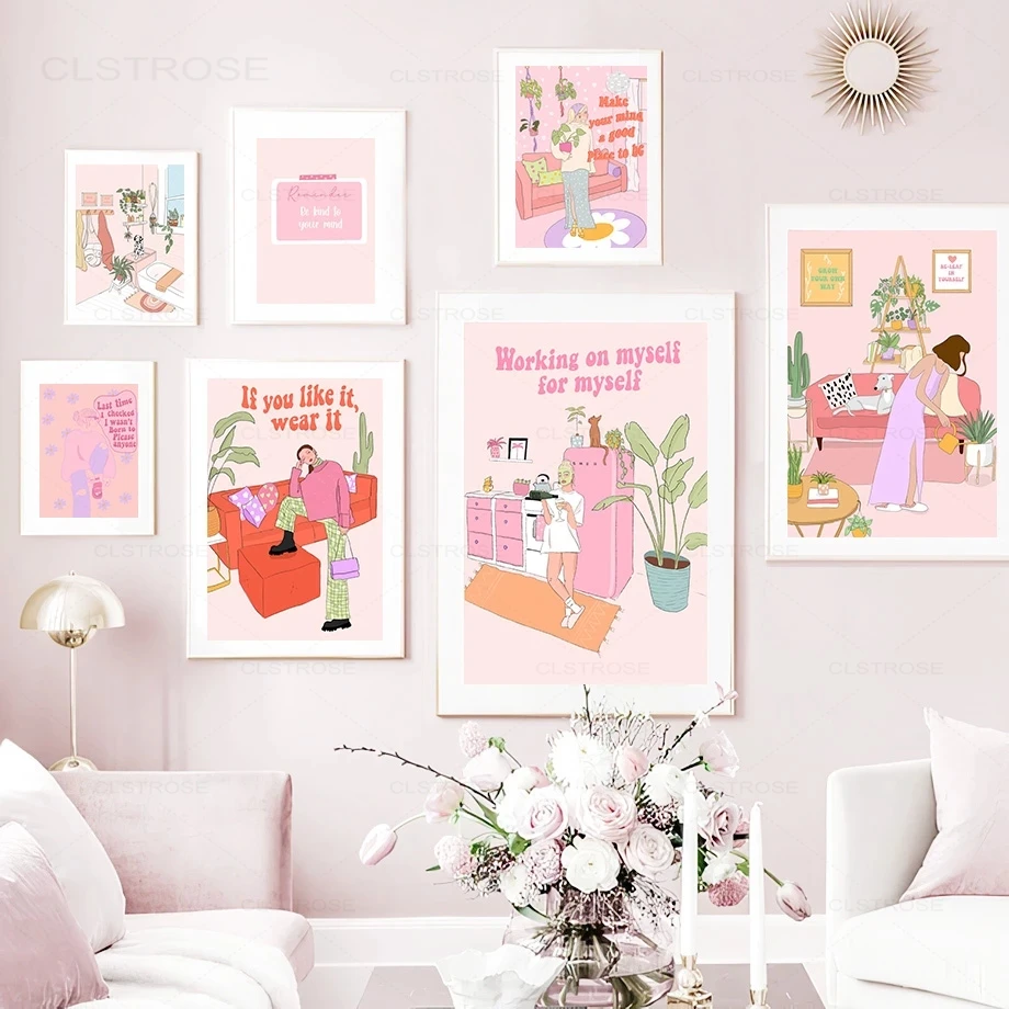 Pink Feminism Fashion Confident Cute Girl Wall Art Canvas Painting Nordic Posters and Prints Wall Pictures for Living Room Decor