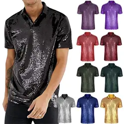 Men's T-shirts Fashion Casual Short Sleeve Sparkle Sequins Male Polo Shirt 70s Disco Costume Nightclub Party Tee