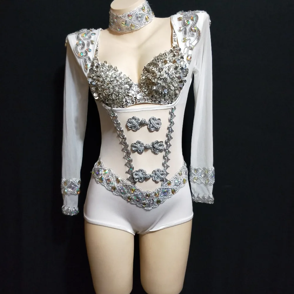 

Shining Silver Rhinestones White Dance Outfit Bodysuit Long Tail CostumDancer Show Birthday Evening Prom Stage Leotard Skirt