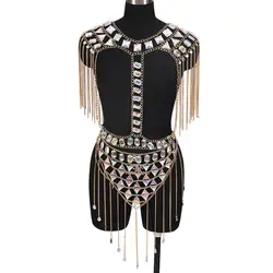 Body Chain Harness Shoulder Epaulette Crystal Jewelry Chest Belt Waist Skirt Sequins Top Set Plus Size Party Dance Rave Wear