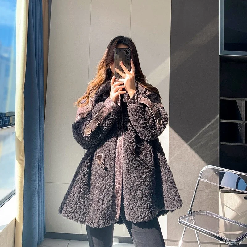 Phụ Nữ Mùa Đông Vừa Vặn Phù Hợp Nút Kèn Cừu Shearling Áo Khoác Nữ Casual Lambswool Da Cừu Miếng Dán Cường Lực Áo Liền Quần Len Thật Áo Khoác Nỉ