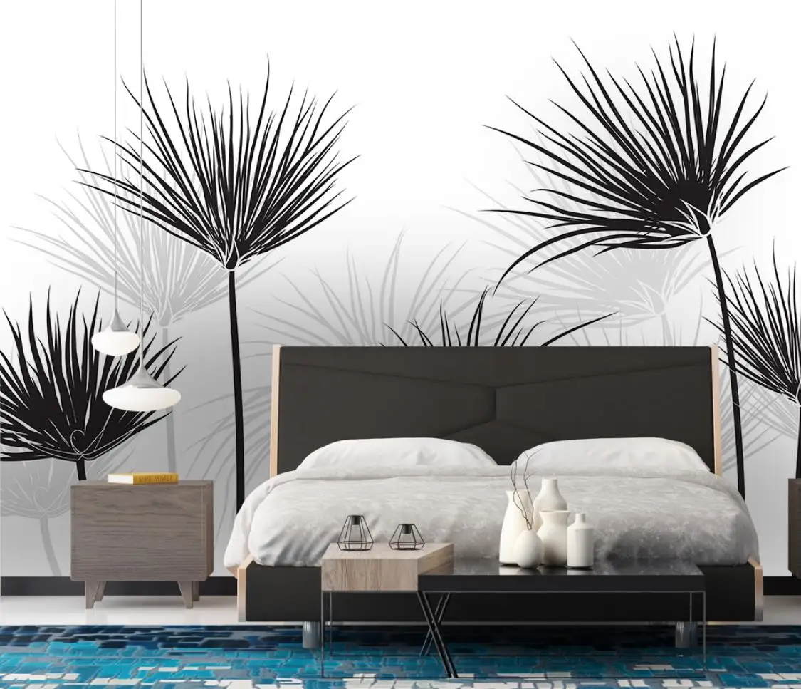 Custom size mural black and white sketch tropical rainforest coconut tree wallpaper background wall home decoration 3d wallpaper