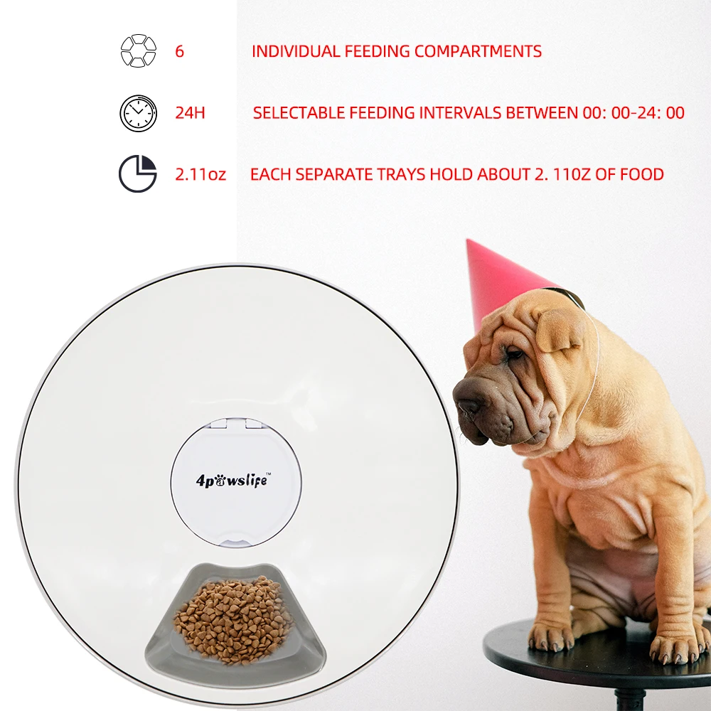 Dog Feeder Automatic Pet Feeder Round Timing Feeder 6 Meals 6 Grids Dog Cat Electric Dry Food Dispenser 24 Hours Feed Supplies