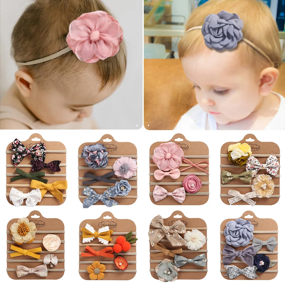 5Pcs/Set Flower Fabric Cloth Bow Print Baby Headband Elastic Nylon Hair Bands Newborn Photography Props Kids Accessories