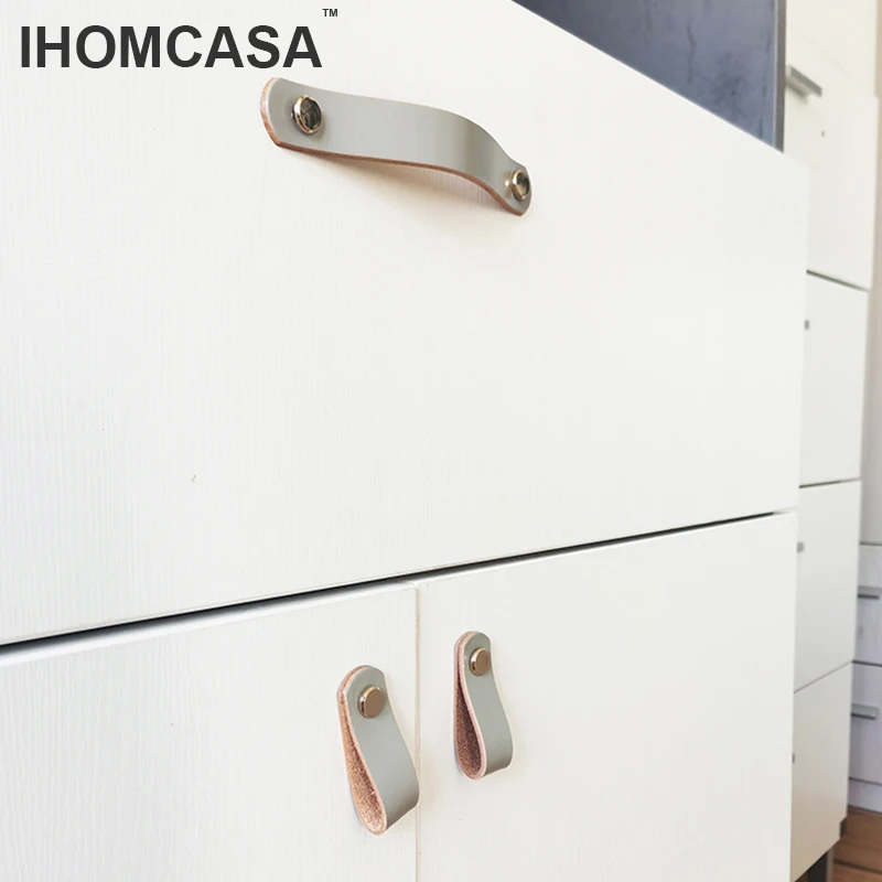 IHOMCASA Gray Cowhide Handle Nordic Modern Style  Furniture Drawer Child Door Knobs Cupboard Kitchen Shoe Cabinet Leather Pulls image 5