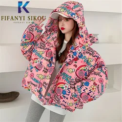 Cartoon Print Down Jackets Women Fashion Hooded Short Parka Thick Warm Winter Jacket Korean Loose Casual Cotton Coat Female