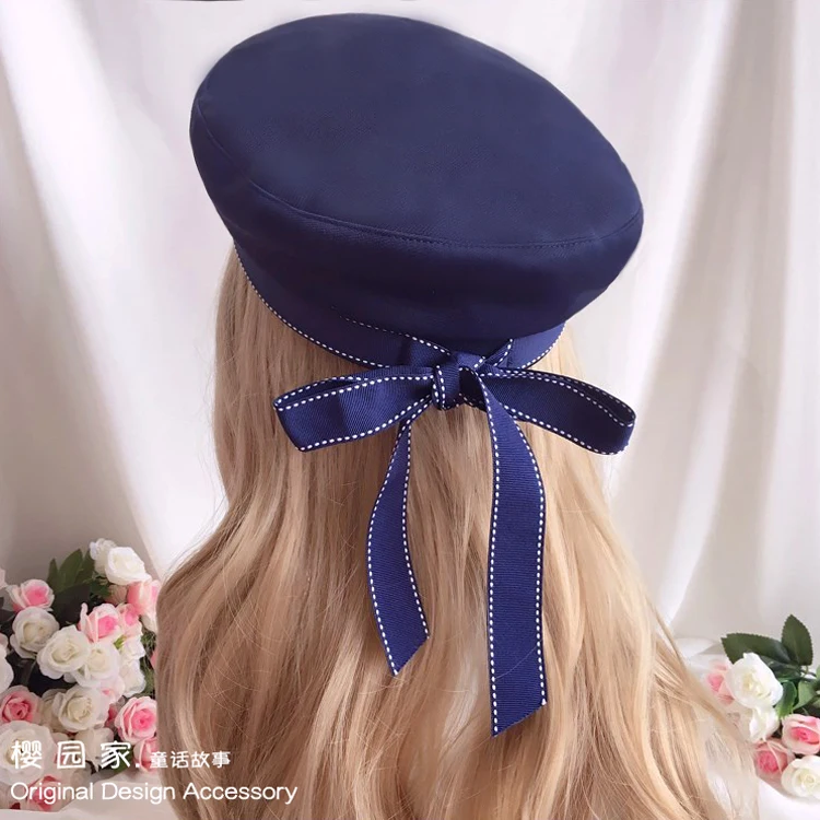 Girl Heart Soft Girl LOLITA Bow Ribbon Navy Wind Beret Joker Blue White Hat Cosplay Performance