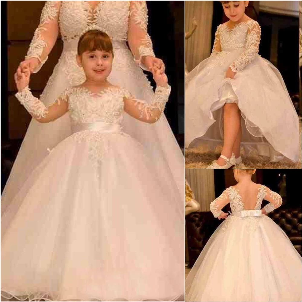 Robe à fleurs pour filles, dos nu, manches longues, vêtements de cérémonie pour enfants, anniversaire, noël, mariage, événements appliqués