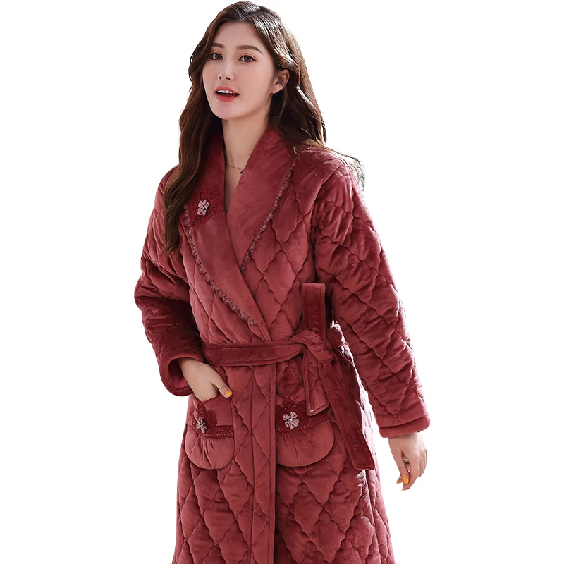 Women Long Warm Three Layers Quilted Coral Fleece Bathrobe Winter Thick Flannel Thermal Robe Kimono Dressing Gown Bride Peignoir