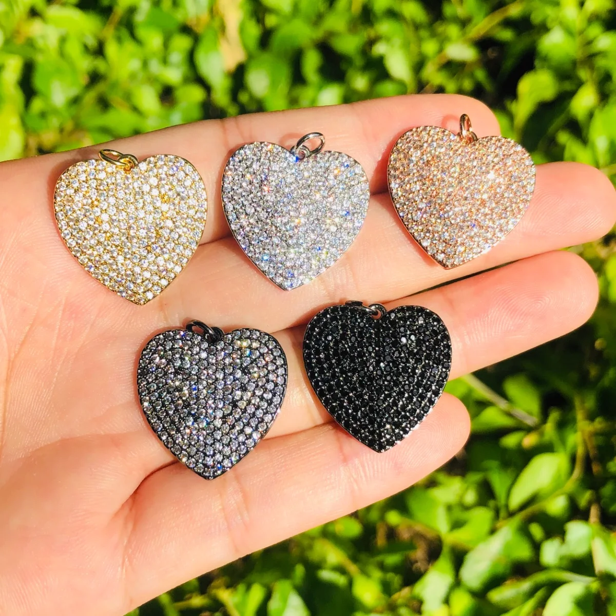 5pcs Heart Charm Pendant for Women Bracelet Necklace Making Cubic Zirconia Copper Clear Black Rhinestone Paved Jewelry Accessory